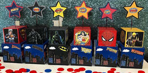 (6) Flash superhero Centerpiece, superhero party, Batman, Superman, wolverine, deadpool, superhero party supplies, superhero party decorations