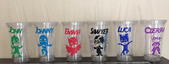 PJ Mask Tumblers, PJ Mask Party, Owlette, Gekko, Catboy, Romero, Luna Girl, Night Ninja, Personalized Plastic Tumbler Cup with Lid & Straw