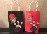 soft ball, soccer, bowling, basketball, baseball, sports party decoration, personalized supplies decor goodie bags, favor bags gift bags
